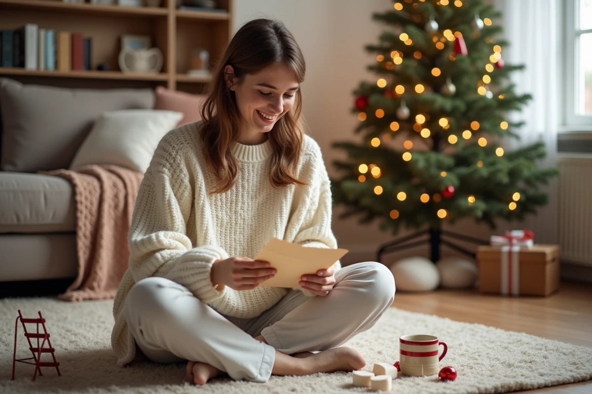 Femme lisant une lettre de lutin farceur avec le sourire dans un salon décoré pour Noël avec des accessoires espièges