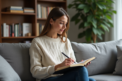Femme lisant un livre dans un salon cosy et lumineux