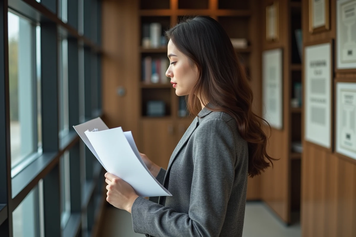 Femme en tailleur dans un bureau de droit avec documents