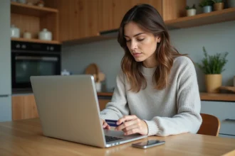 Femme concentrée utilisant un ordinateur dans une cuisine chaleureuse