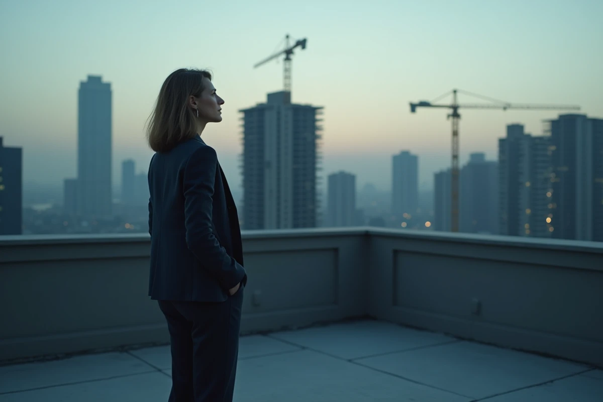Femme pensive sur une terrasse urbaine contemplant un avenir incertain, symbolisant les choix de vie difficiles