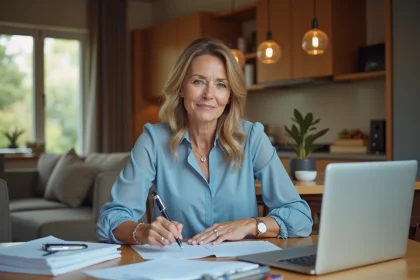 Femme en bleu préparant des papiers légaux dans un intérieur chaleureux