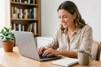 Femme gérant les réglages de son compte en ligne depuis un bureau à domicile avec un ordinateur portable