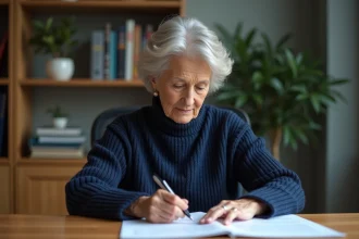 Femme d'une cinquantaine d'années relisant des documents de succession à son bureau à domicile, illustrant la planification d'un testament