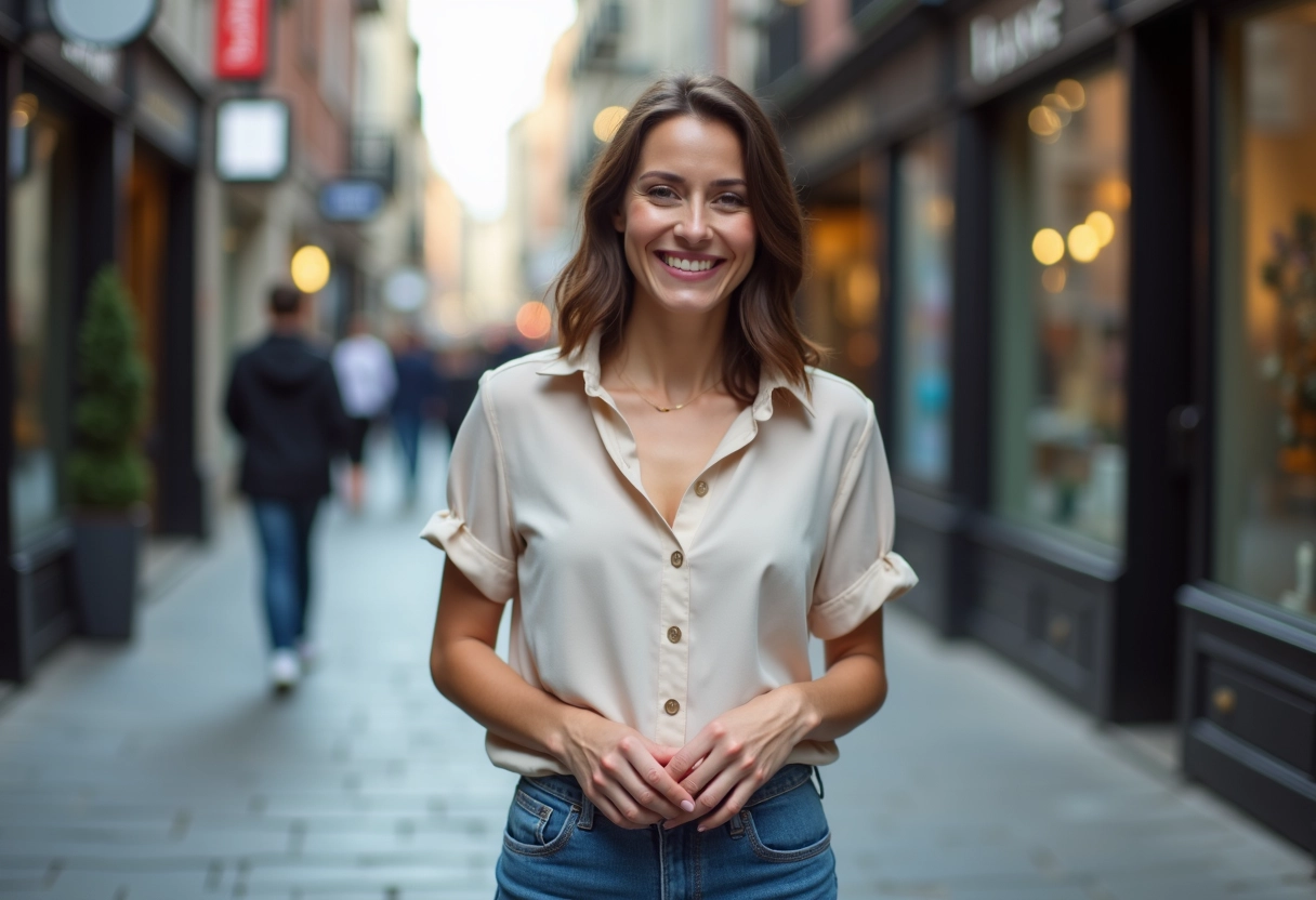 Femme souriante en rue urbaine pour article confiance
