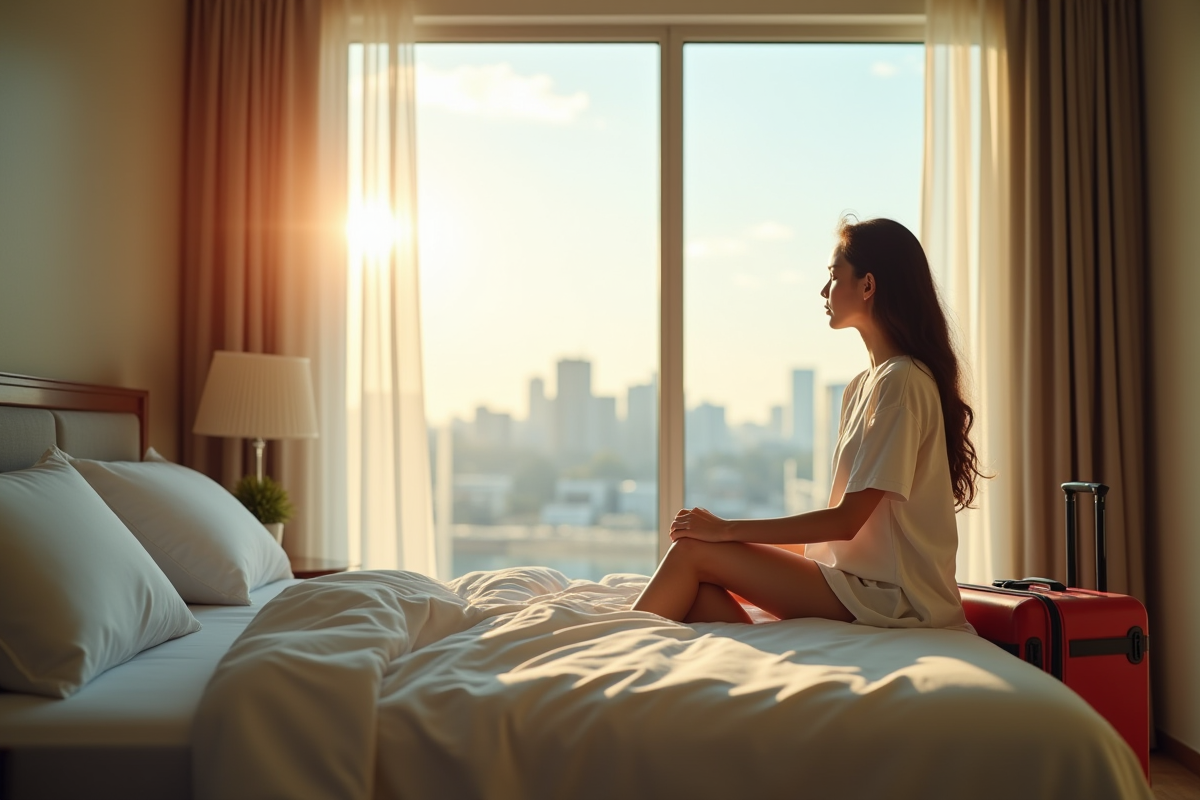 Jeune femme assise seule sur un lit d'hôtel lumineux