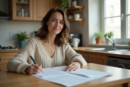Femme signant des papiers dans une cuisine chaleureuse