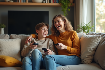 Femme et adolescent regardant la télé en famille