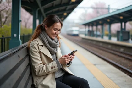 Jeune femme souriante sur un quai de train au printemps