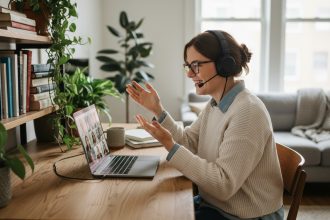 Femme en télétravail dans un bureau moderne avec ordinateur