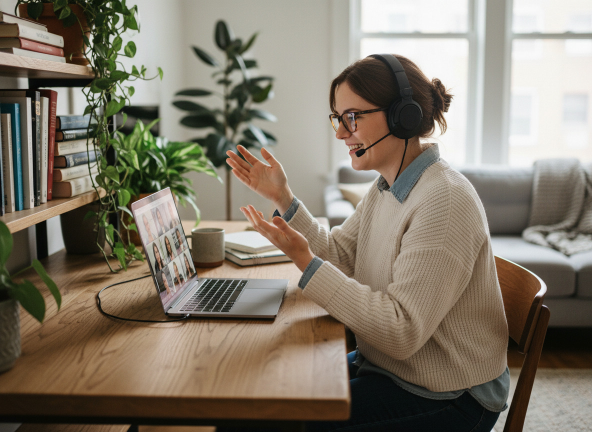 Femme en télétravail dans un bureau moderne avec ordinateur