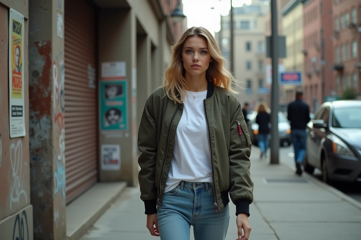 Jeune femme marchant dans une rue urbaine graffiti