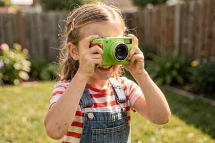 Petite fille de 8 ans utilisant un appareil photo numérique compact coloré dans un jardin ensoleillé