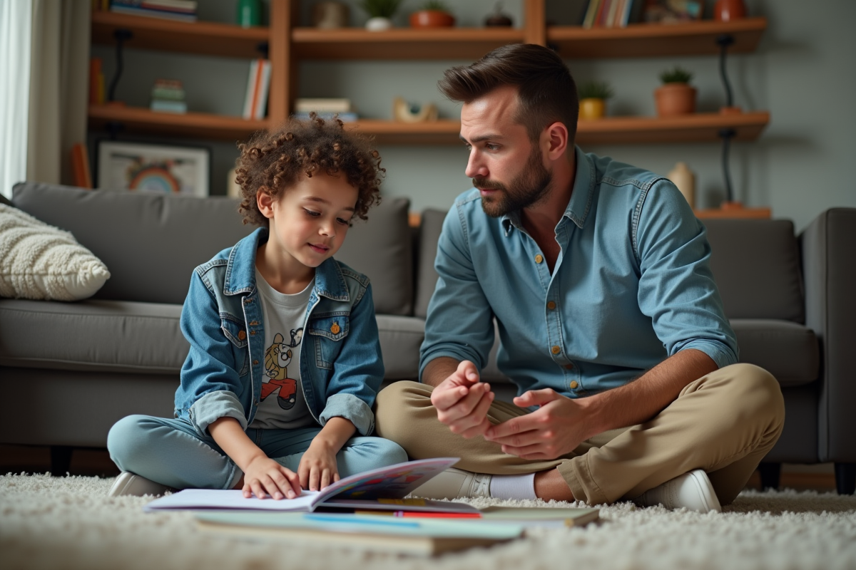 Fille adolescente et père en pleine explication avec livres dans le salon