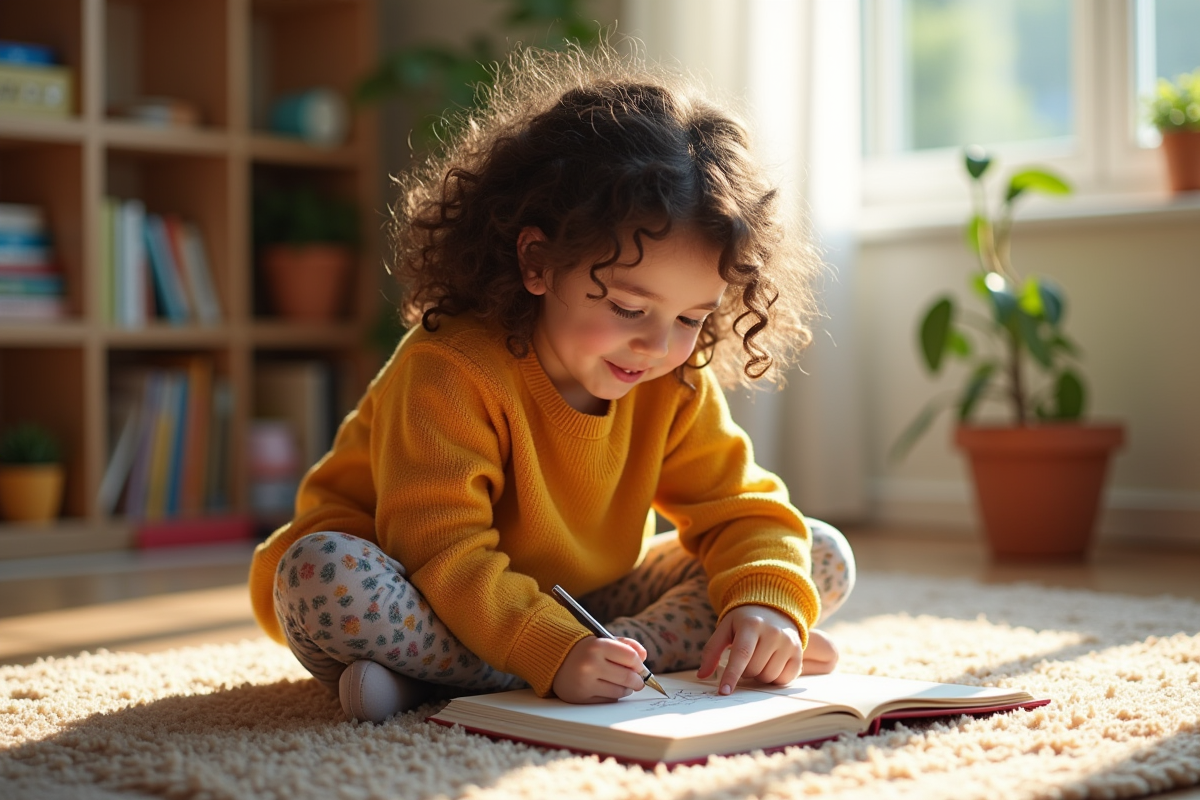 Fille de 8 ans dessinant dans un salon chaleureux
