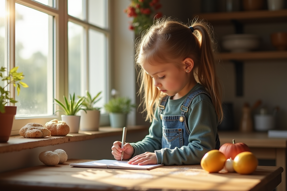 Jeune fille écrivant dans un carnet de recettes à la maison