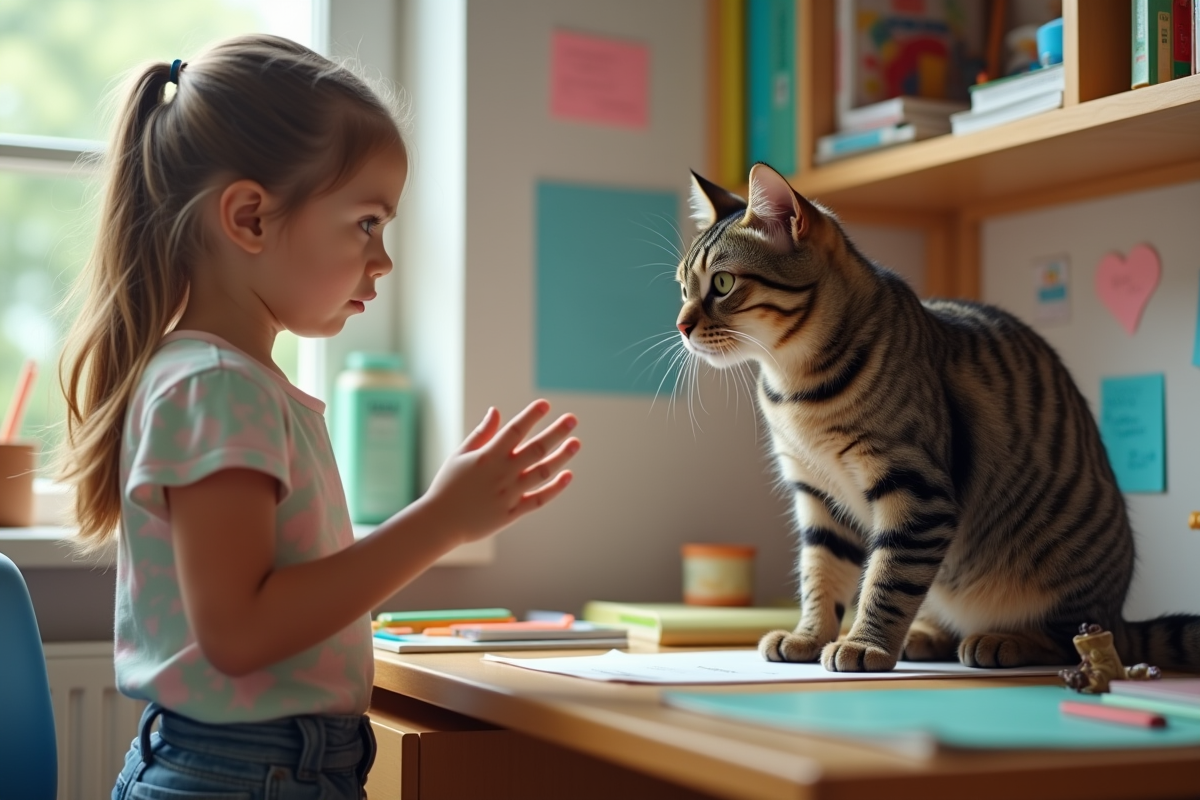 Fille nerveuse face à un chat hissant sur un bureau