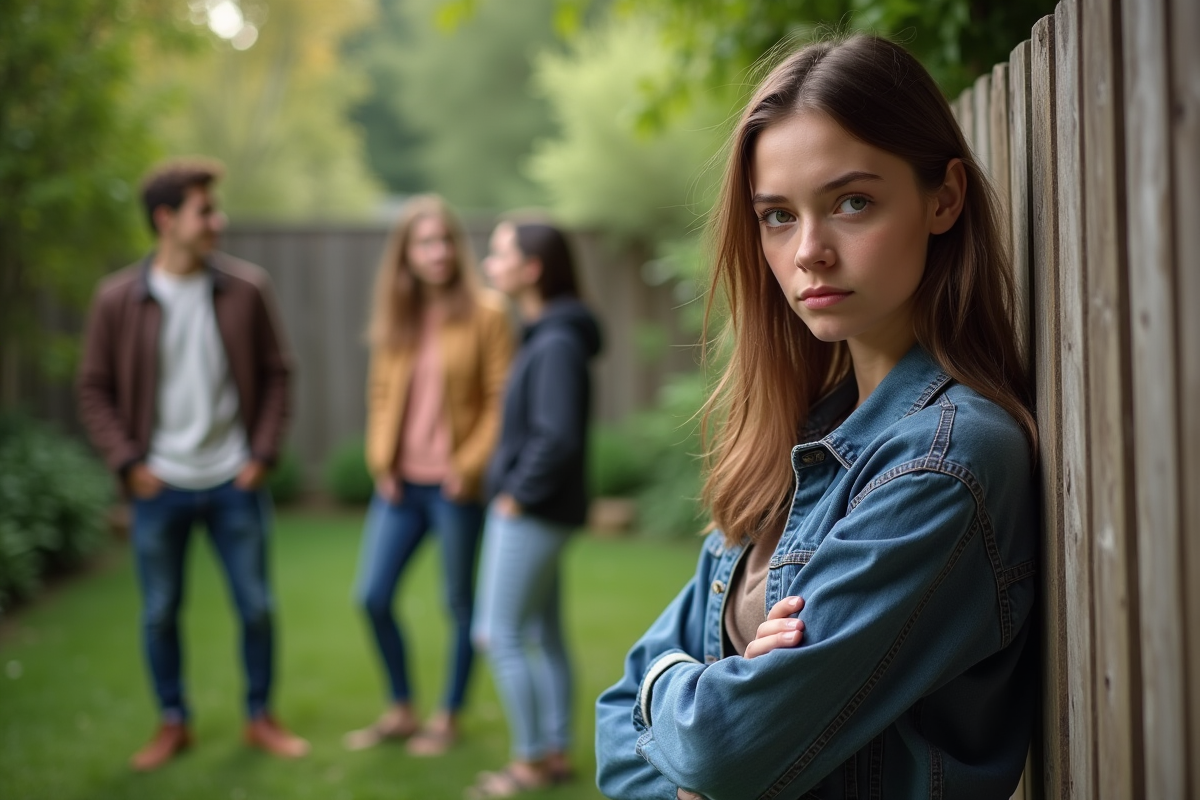 Jeune femme dans un jardin en arrière-plan avec sa soeur qui parle avec des amis