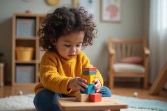 Jeune fille concentrée à empiler des blocs en bois colorés