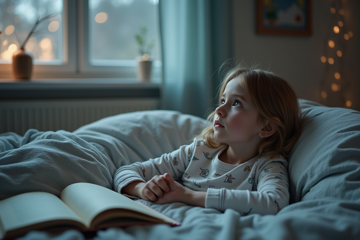 Fille de 10 ans allongée sur ses couvertures