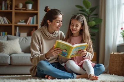 Jeune femme lisant un livre à une petite fille dans un salon chaleureux