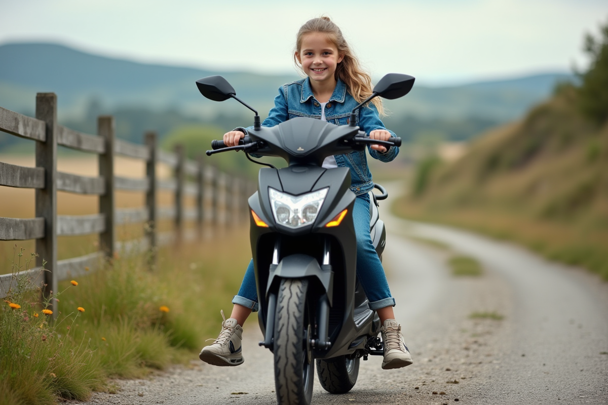 Fille de 14 ans sur une moto en campagne avec nature
