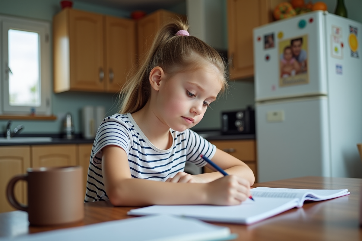 Fille de 12 ans étudie à la table de la cuisine