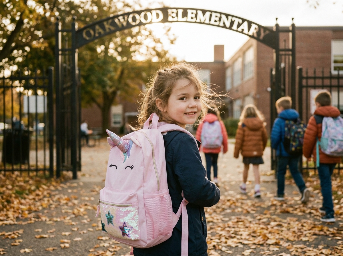 Fillette portant un cartable licorne à sequins et paillettes devant l'entrée d'une école en automne