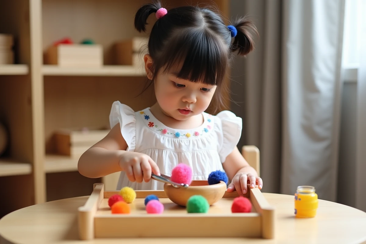 Fillette de 2 ans utilisant des pinces pour trier des pompons dans un bac Montessori, jeu de motricité fine