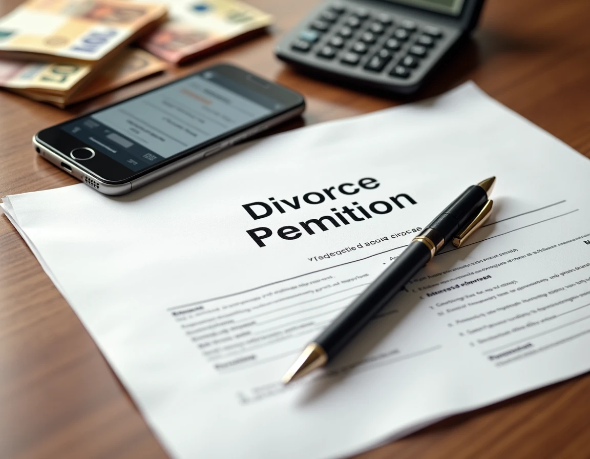 Vue aérienne d'un bureau avec un formulaire de divorce imprimé, un stylo, un smartphone et des billets symbolisant un divorce à petit budget