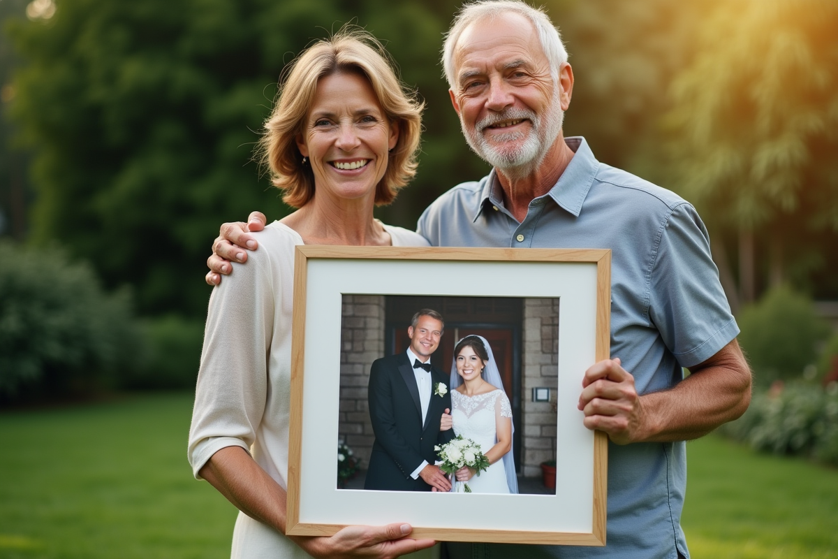 Deux frères et sœurs tenant une photo de mariage dans un jardin