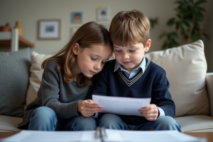 Frère et sœur regardant un dossier dans le salon