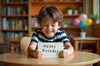 Garçon de 8 ans souriant en lisant un texte d'anniversaire manuscrit sur une carte personnalisée à la maison