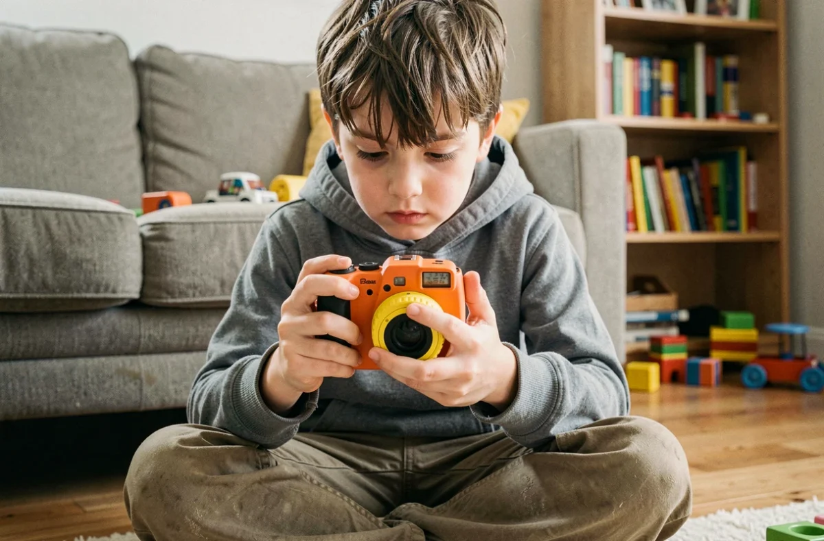 Garçon de 9 ans inspectant un appareil photo numérique robuste pour enfant dans un salon familial