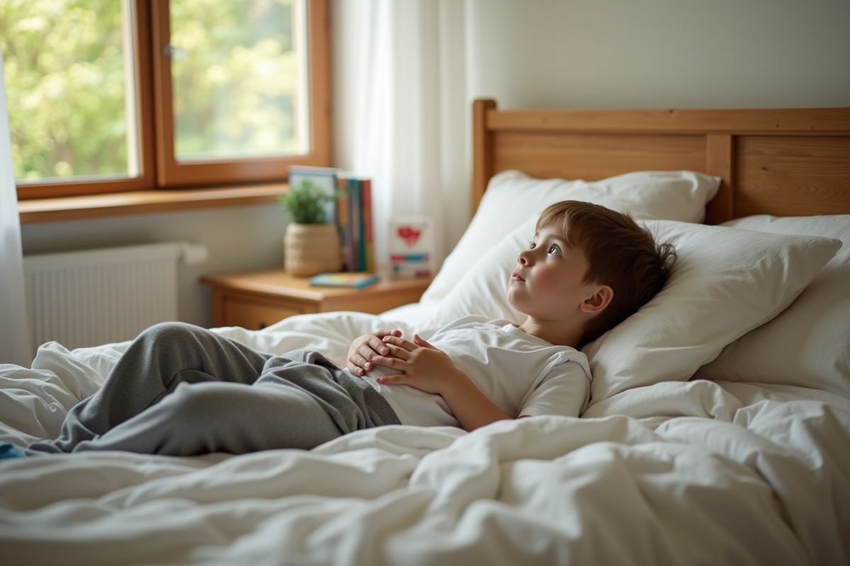 Garçon allongé sur un lit regardant pensivement le plafond