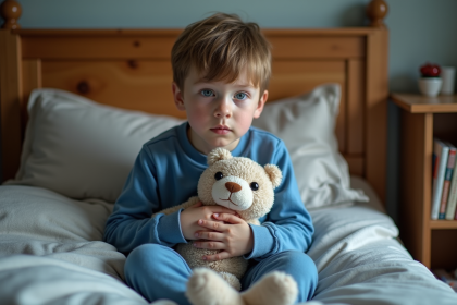 Garçon de 10 ans en pyjama bleu assis sur son lit
