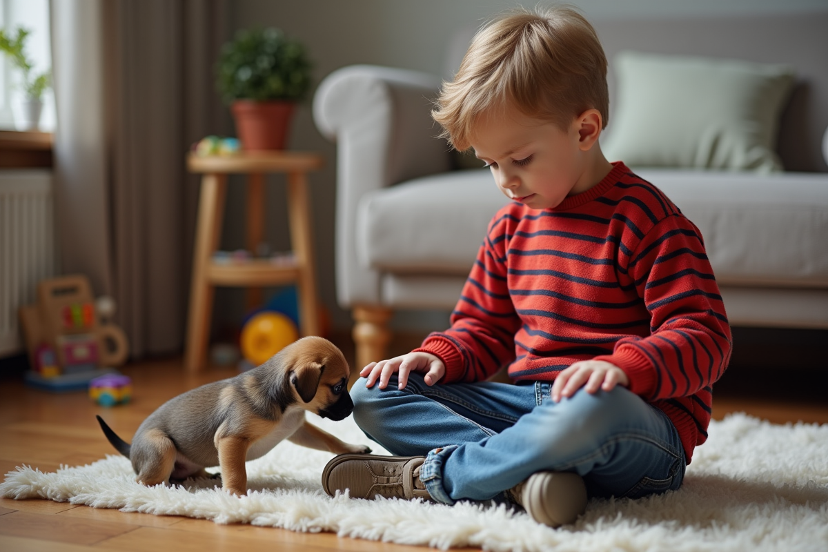 Garçon triste avec un chiot joueur dans un salon moderne