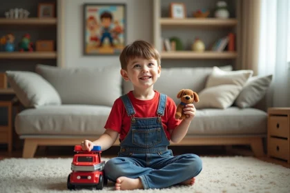 Garçon souriant avec jouet chien et véhicule de secours