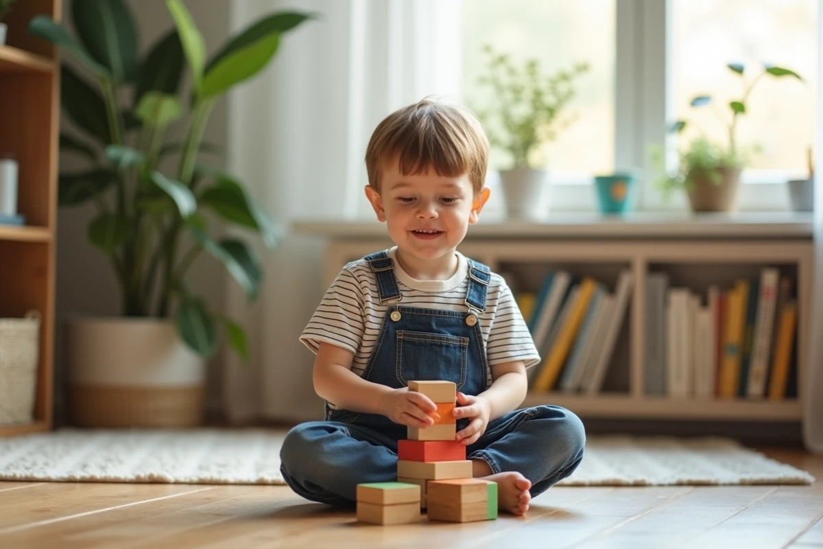 Jeune garçon de 6 ans jouant avec des blocs en bois colorés
