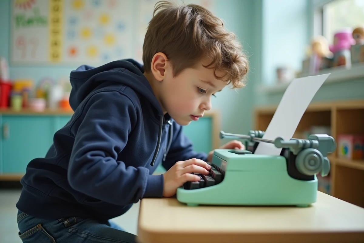 Garçon curieux explorant une machine à écrire pédagogique pour enfant dans une salle de classe lumineuse