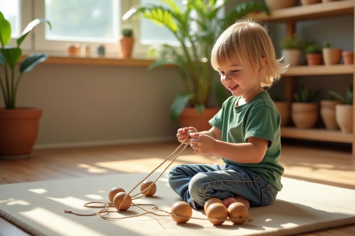Garçon en classe Montessori enfilant des perles en bois