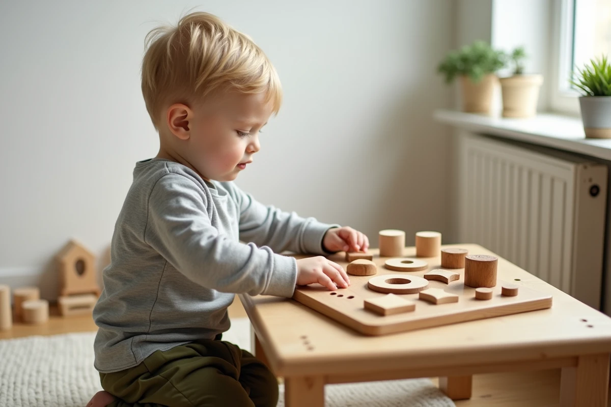 Tout-petit de 2 ans jouant avec un puzzle de formes géométriques en bois Montessori pour développer la motricité fine
