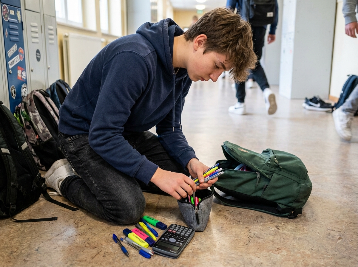 Garçon range ses fournitures dans son sac à l