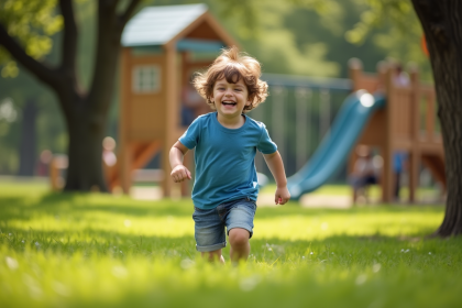 Garçon de 7 ans riant dans un parc vert en plein air