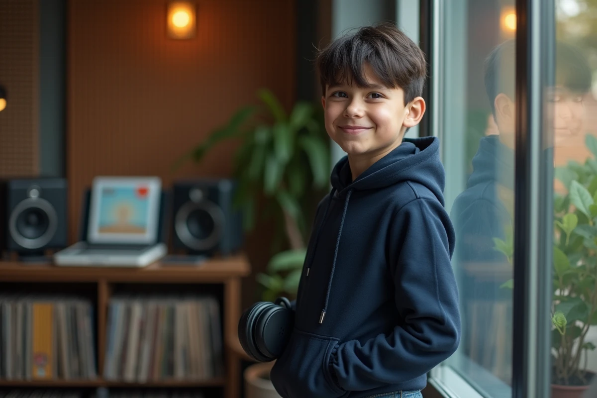 Adolescent avec casque audio dans un studio créatif
