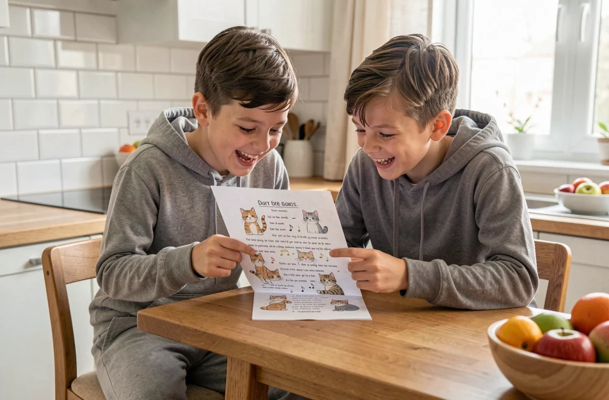 Deux garçons lisant les paroles de Trois petits chats sur une feuille illustrée à la cuisine