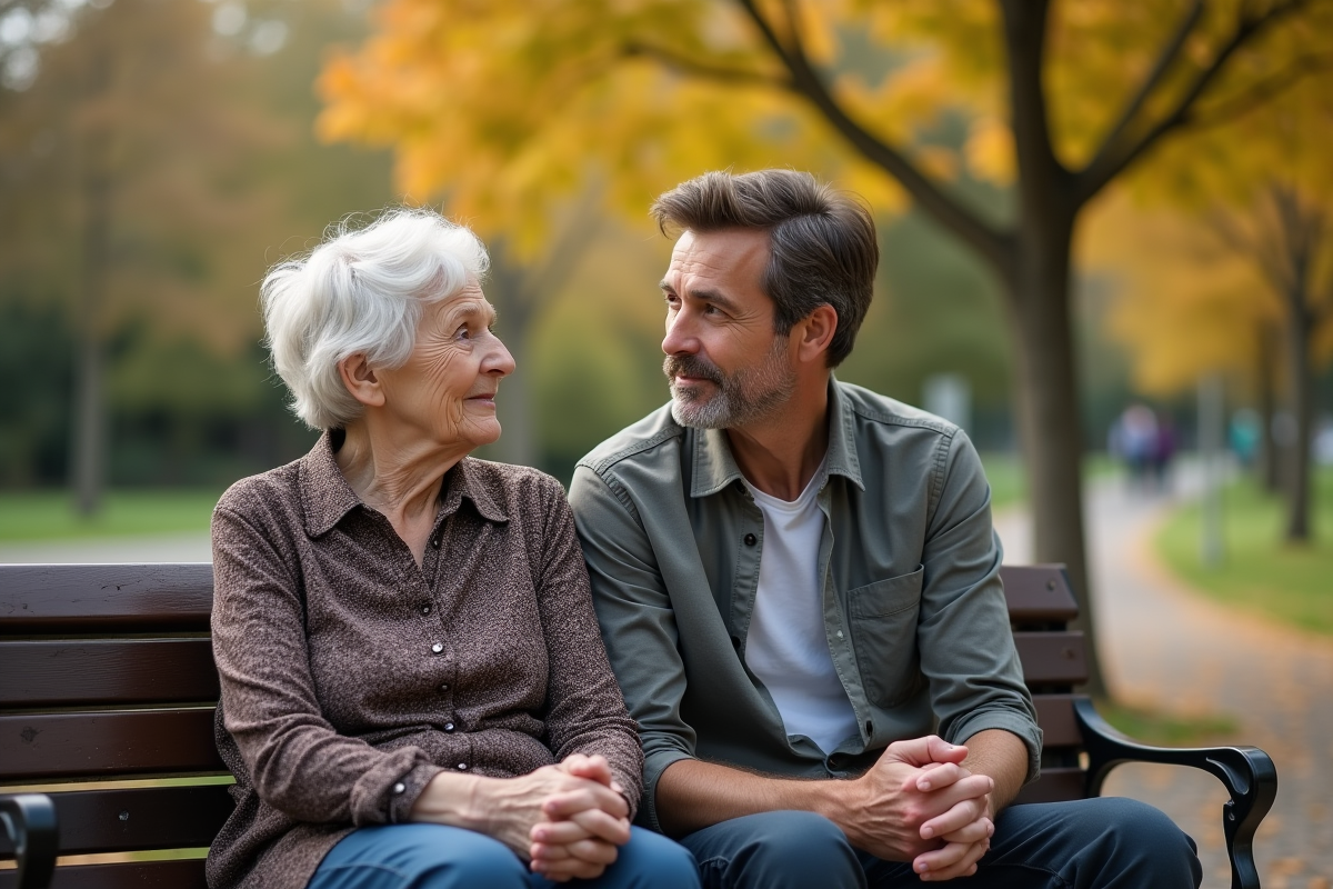 Grand-mère et petit-fils discutent sur un banc dans le parc