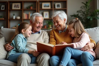 Grandparents et petites filles lisant une histoire ensemble