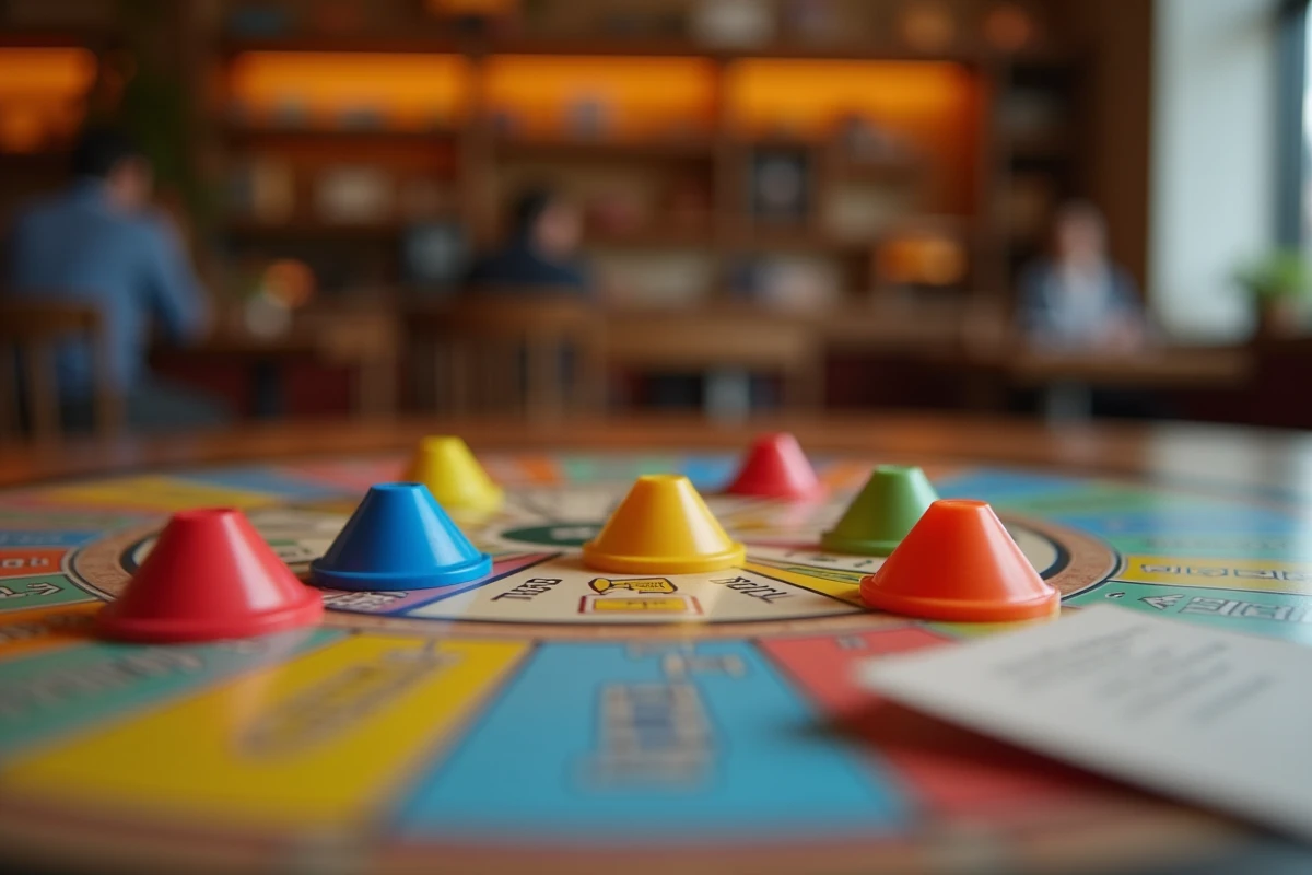 Gros plan sur le centre du plateau de Trivial Pursuit avec les pions colorés et les cases de catégories