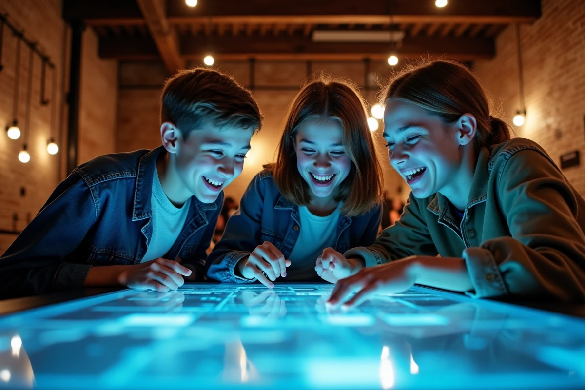 Groupe d'adolescents jouant à une escape room numérique immersive autour d'une table interactive dans un lieu culturel parisien